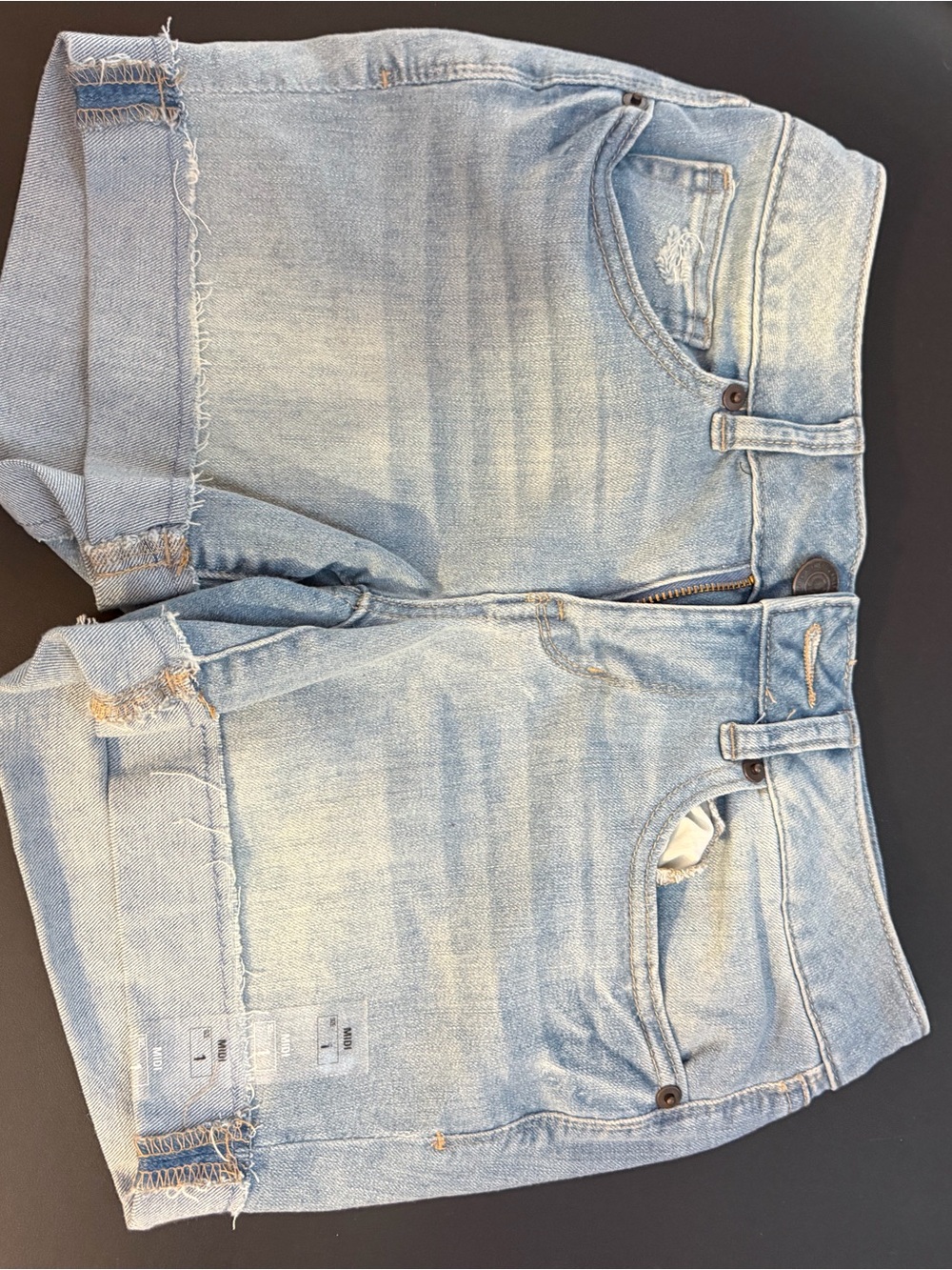 Light Wash Denim Shorts — Distressed Cuffed Hem